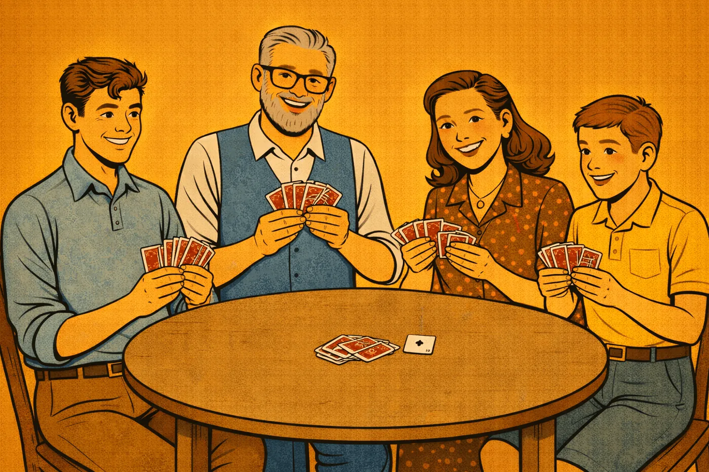Tom, Kris, Katrin and Emil sitting around the table with cards in hand